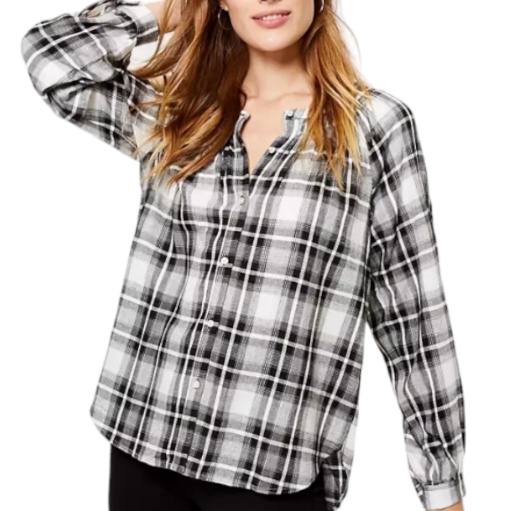 Loft PLUS Top, Plus Size Long Sleeve Top, Size: 22, Plaid Smocked Neck Tunic